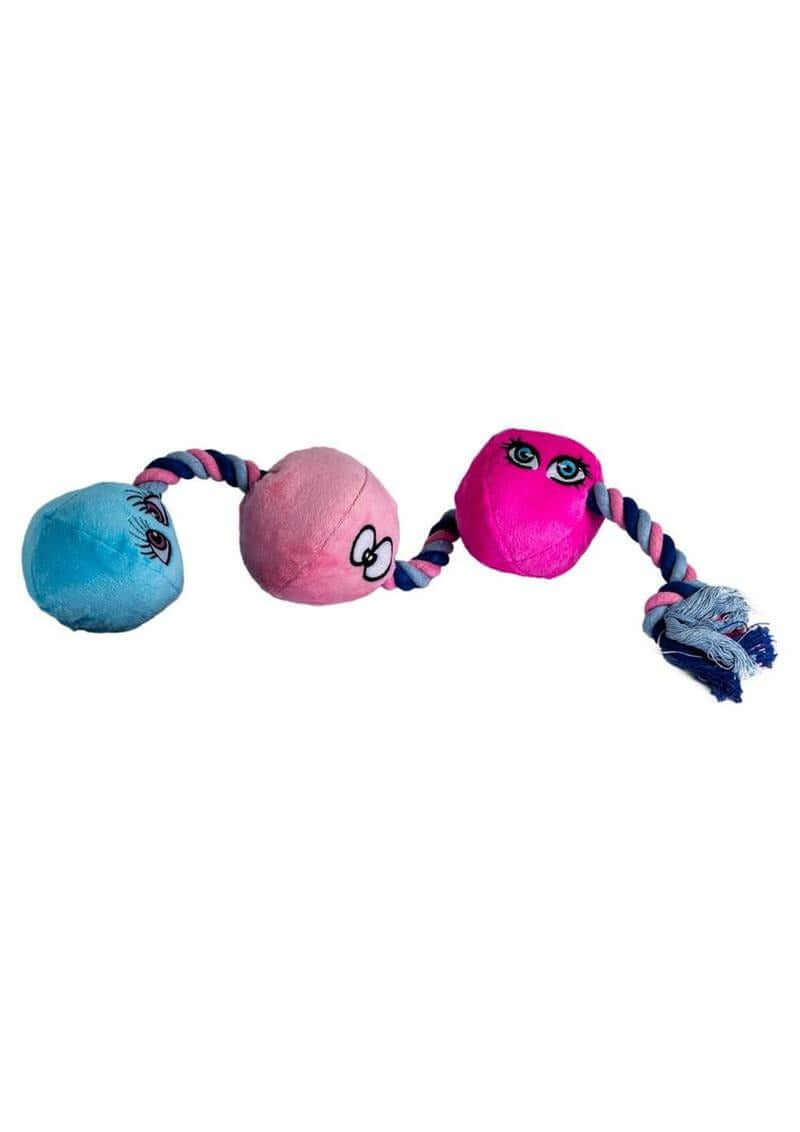 Scruffy Tug Buttons Pink Blue plush dog toy featuring a colorful pink and blue design with playful faces.