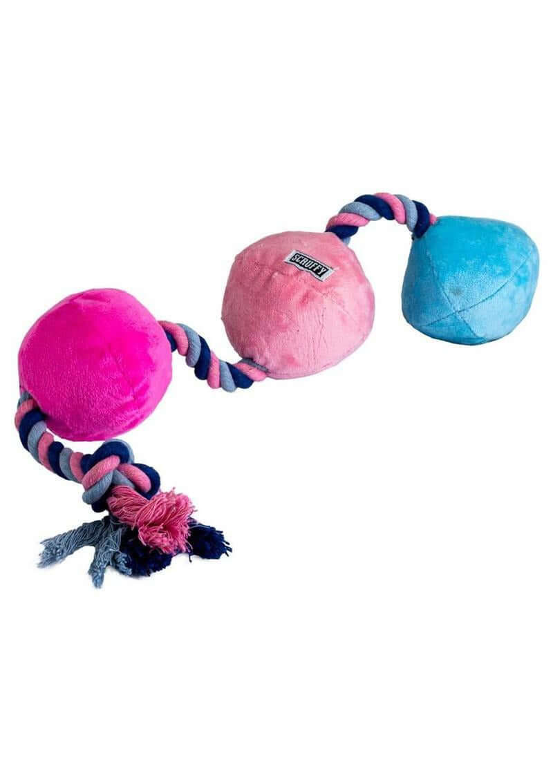 Scruffy Tug Buttons Pink Blue plush dog toy with pink and blue balls and rope for tugging and fetching.