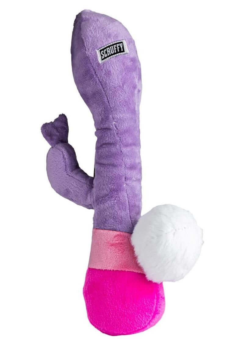 Scruffy Bunny Vanderpup Purple Pink plush dog toy in vibrant purple and pink colors.