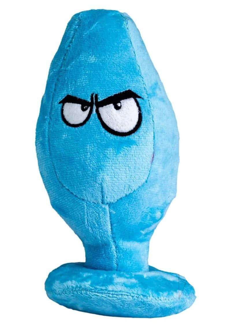 Scruffy Mutt Plug McRuf Blue plush dog toy with an expressive face designed for play and cuddling.