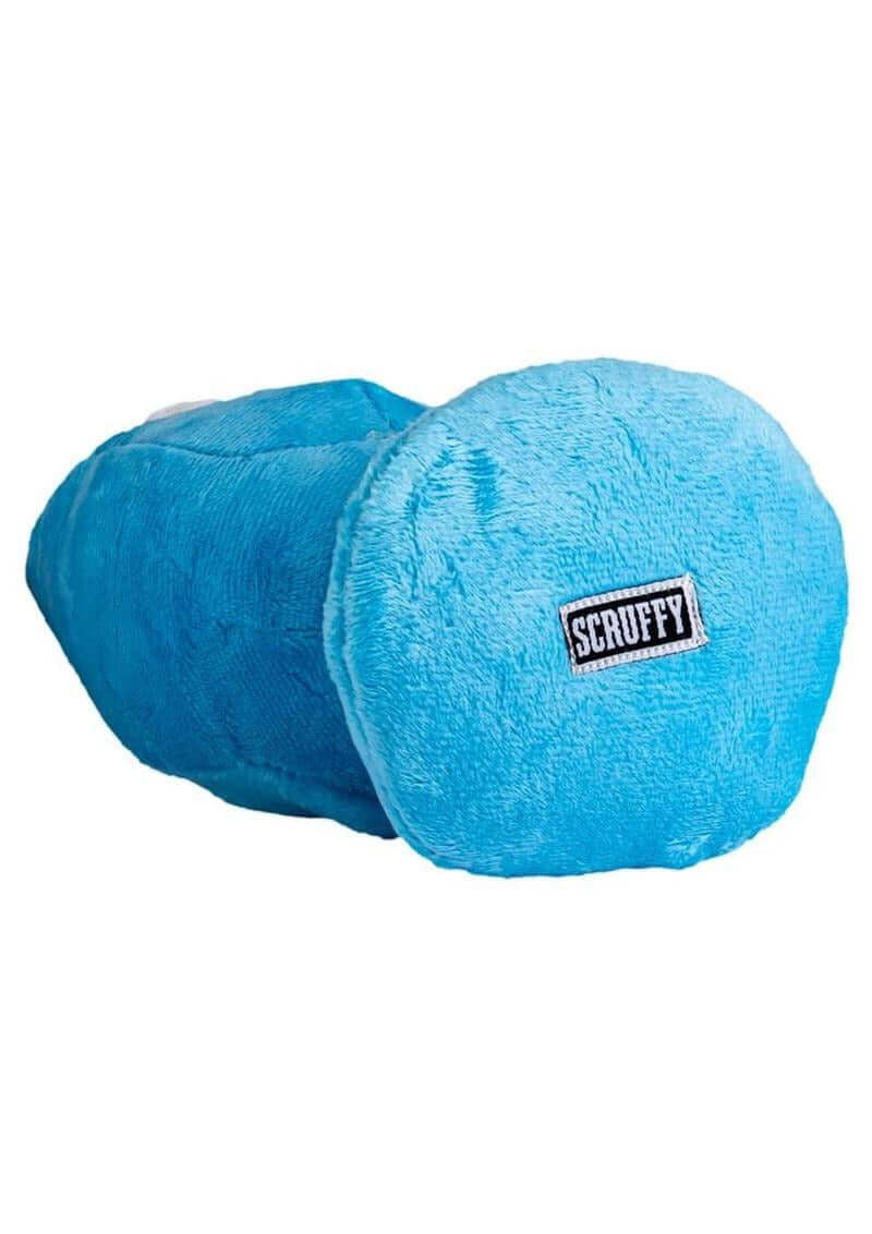 Scruffy Mutt Plug McRuf Blue plush dog toy designed for play and cuddling.