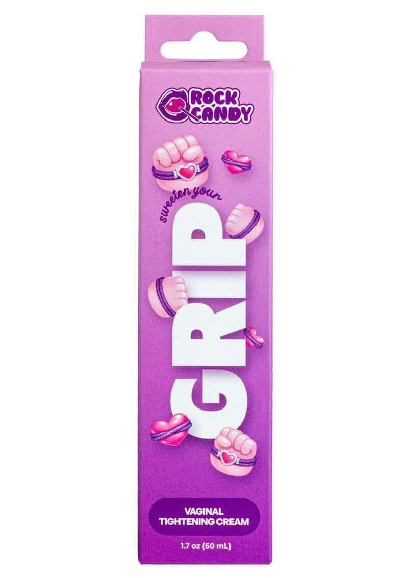 Rock Candy Grip Vaginal Tighting Gel 1.7 Oz packaging featuring playful design and product information.