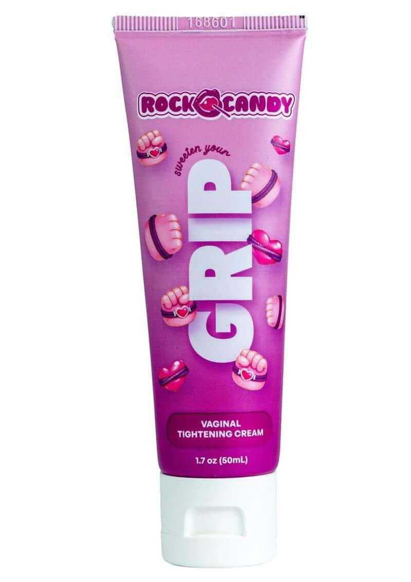 Rock Candy Grip Vaginal Tighting Gel 1.7 Oz in a pink tube with playful graphics and vibrant branding.