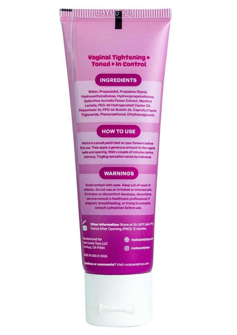 Rock Candy Grip Vaginal Tighting Gel 1.7 Oz tube showing ingredients and usage instructions.