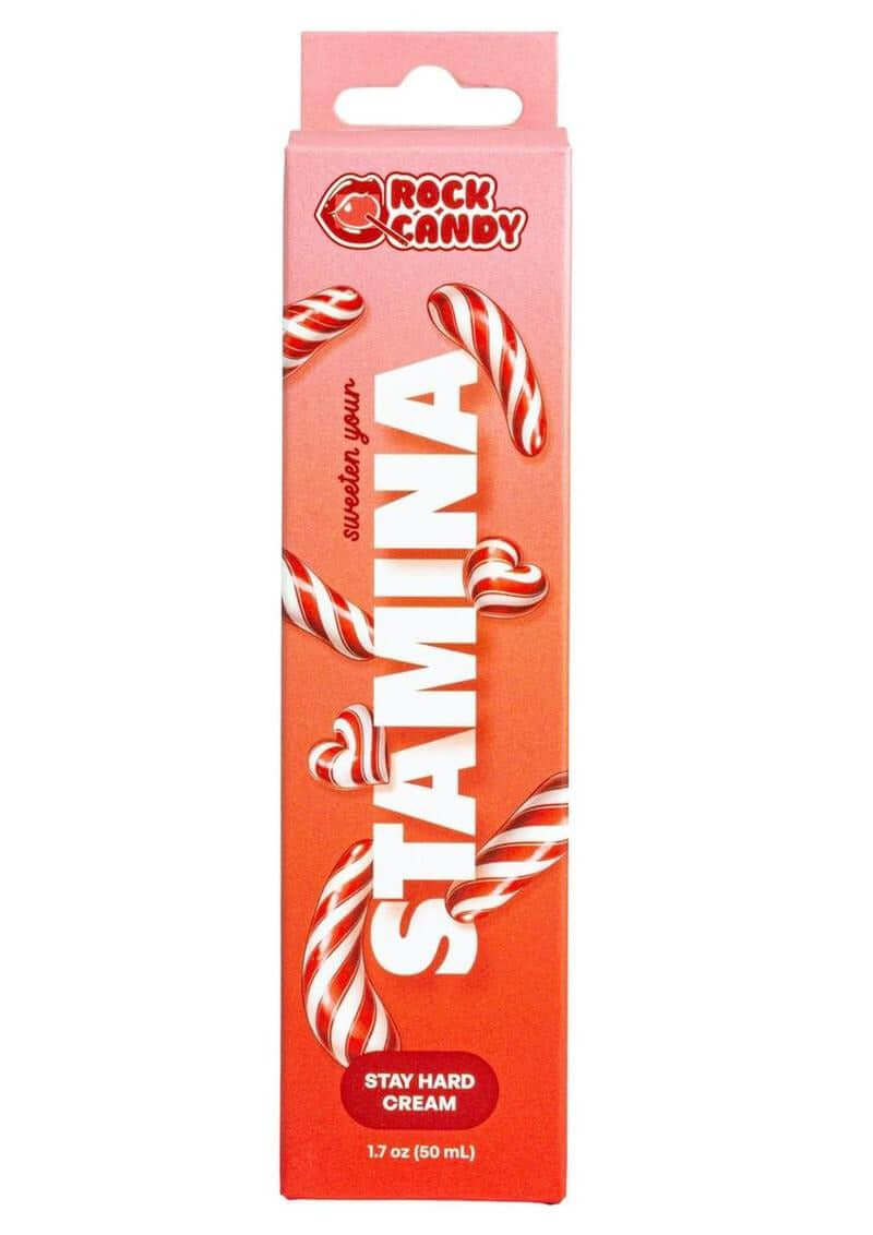 Rock Candy Stamina Sta Hard Cream 1.7 Oz packaging with vibrant colors and candy cane design.