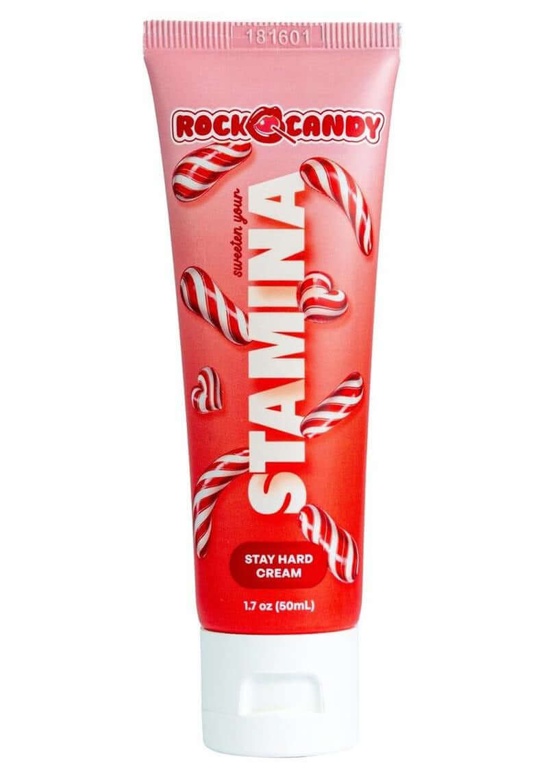 Rock Candy Stamina Sta Hard Cream 1.7 Oz tube featuring candy cane design and stay hard cream label