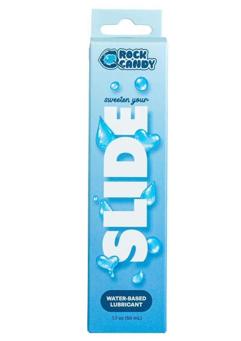 Rock Candy Slide Water Based Lubricant 1.7 Oz packaging with blue design and water droplets