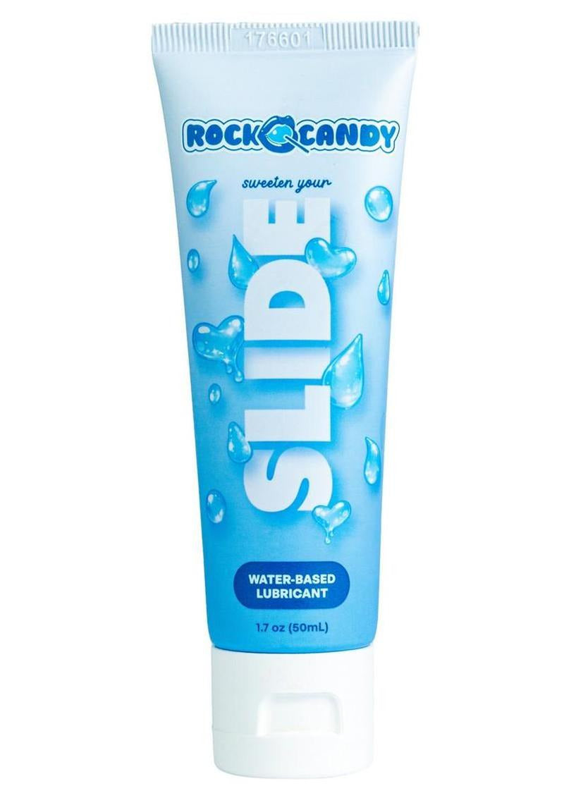 Rock Candy Slide Water Based Lubricant 1.7 Oz tube with water droplets design.
