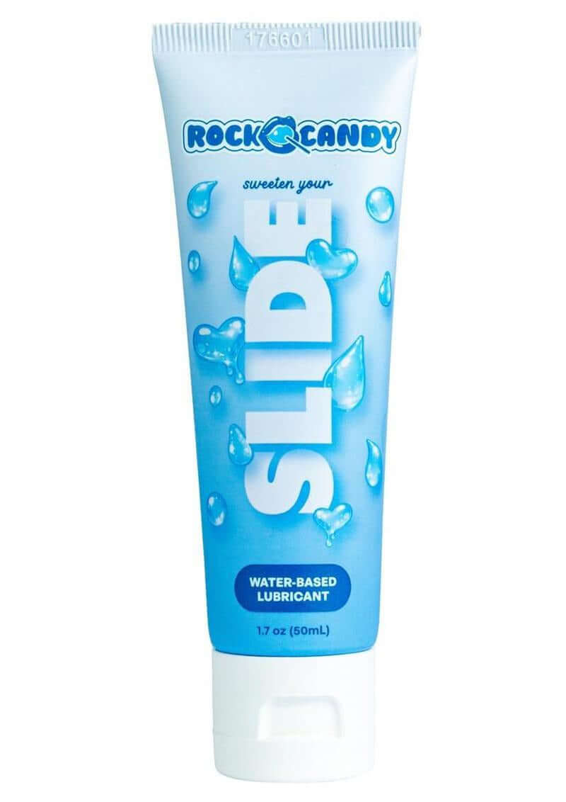 Rock Candy Slide Water Based Lubricant 1.7 Oz tube with water droplets design.