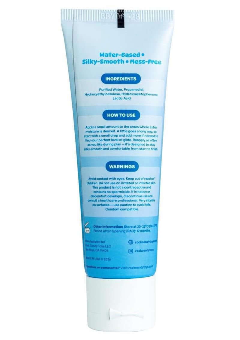 Rock Candy Slide Water Based Lubricant 1.7 Oz packaging with ingredients and usage instructions.