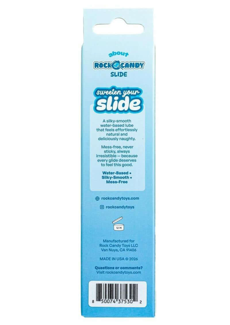 Rock Candy Slide Water Based Lubricant 1.7 Oz packaging back design with product details and usage instructions.