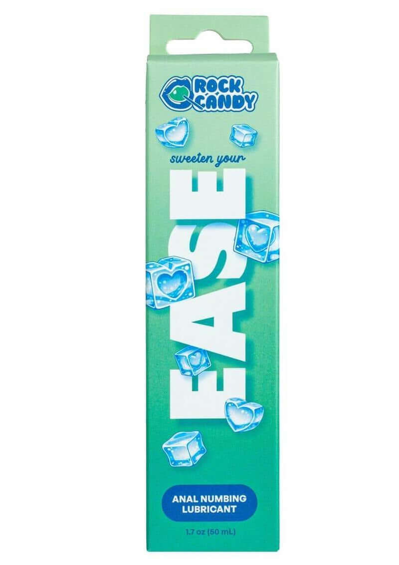 Rock Candy Ease Anal Numbing Lubricant 1.7 Oz packaging with text and ice cubes design