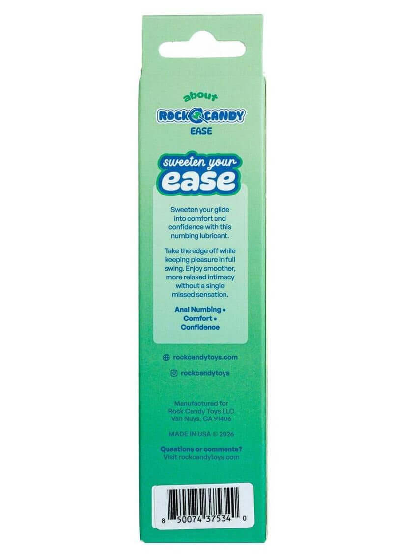 Rock Candy Ease Anal Numbing Lubricant 1.7 Oz back packaging highlighting comfort and confidence features.
