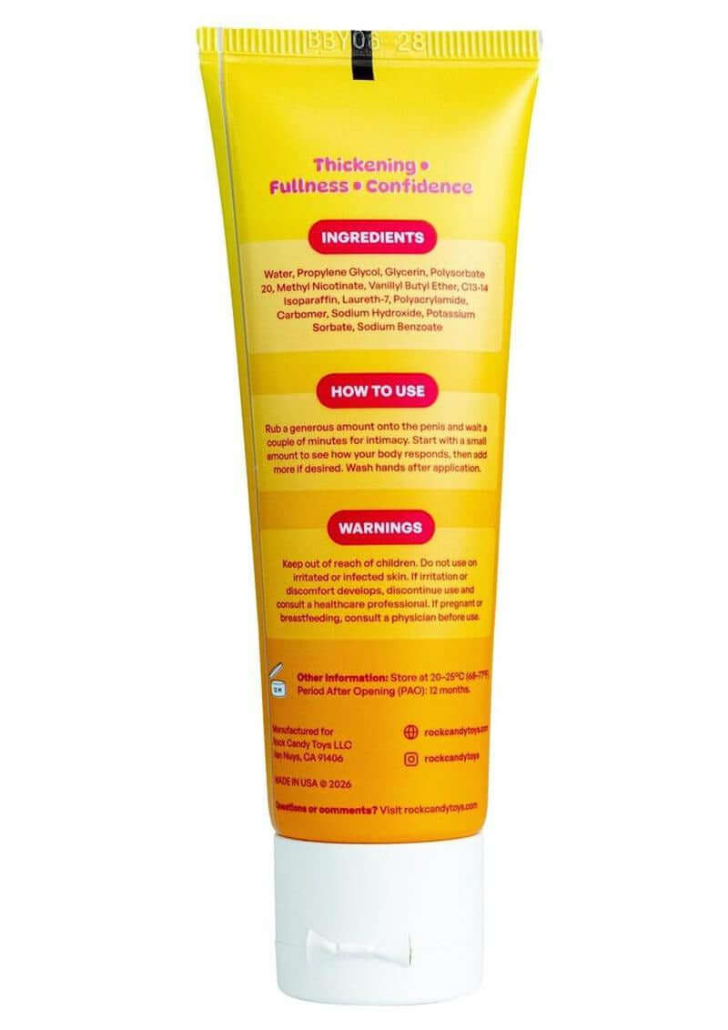 Rock Candy Pop Thickening Cream 1.7 Oz packaging showing ingredients and usage instructions for fullness and confidence.