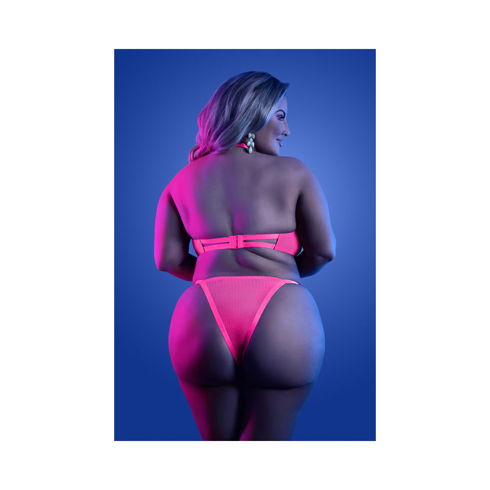 Fantasy Lingerie Glow Slow Motion Peek-A-Boo Bra & Panty Neon Pink Queen Size