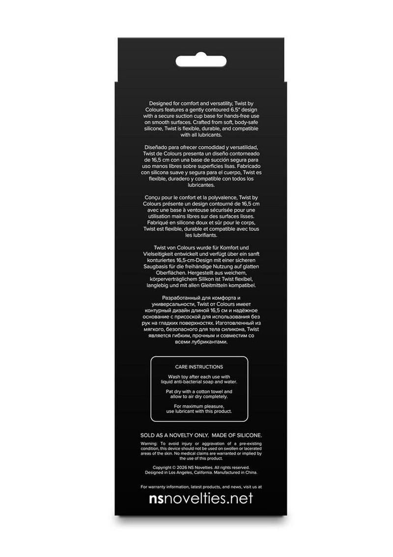 Back of packaging for Colours Twist Silicone Dildo with Suction Cup 6.5 Inch Pink, featuring care instructions and design details.