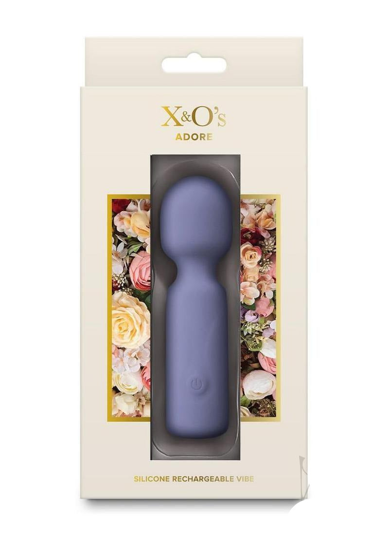X and O's Adore Silicone Mini Vibrating Wand Blue packaging featuring a compact design with floral accents.