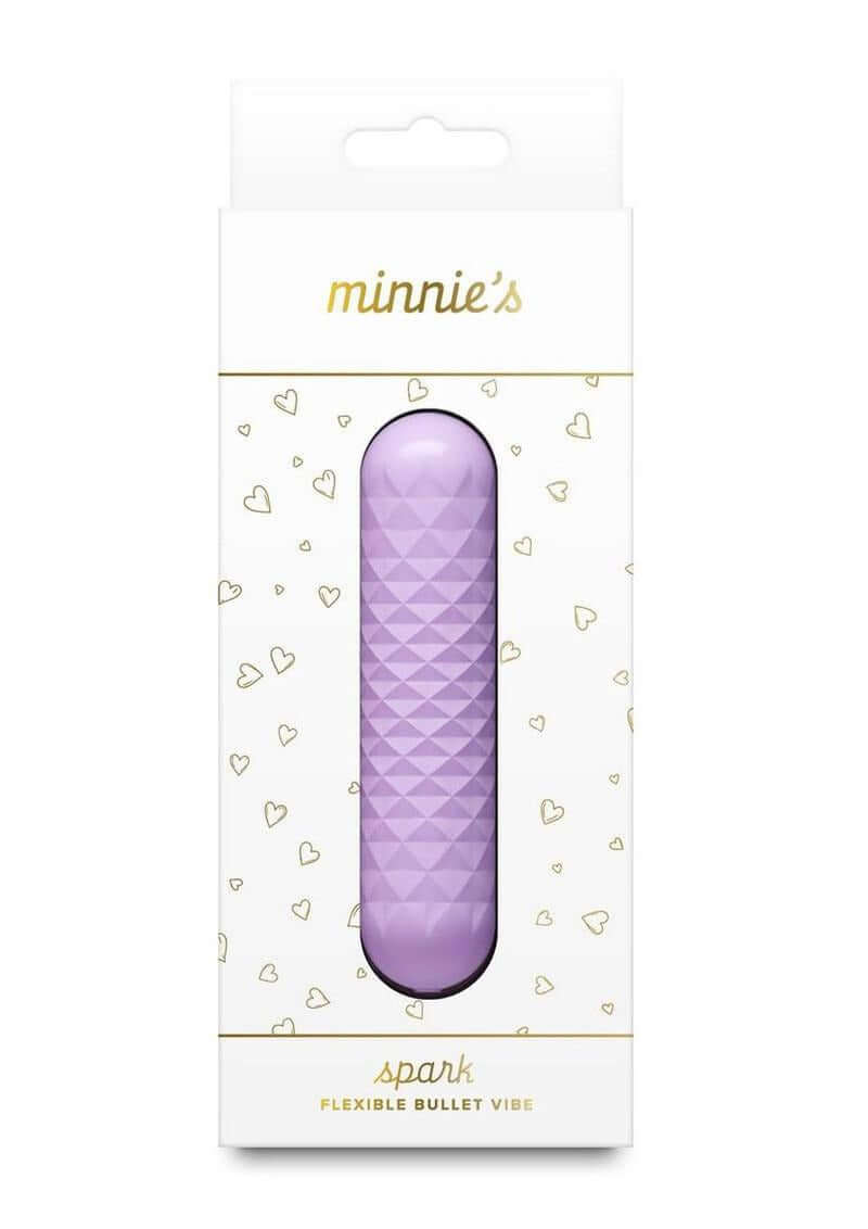 Minnie's Spark Rechargeable Silicone Flexible Bullet Purple packaging featuring a bent bullet vibrator design.