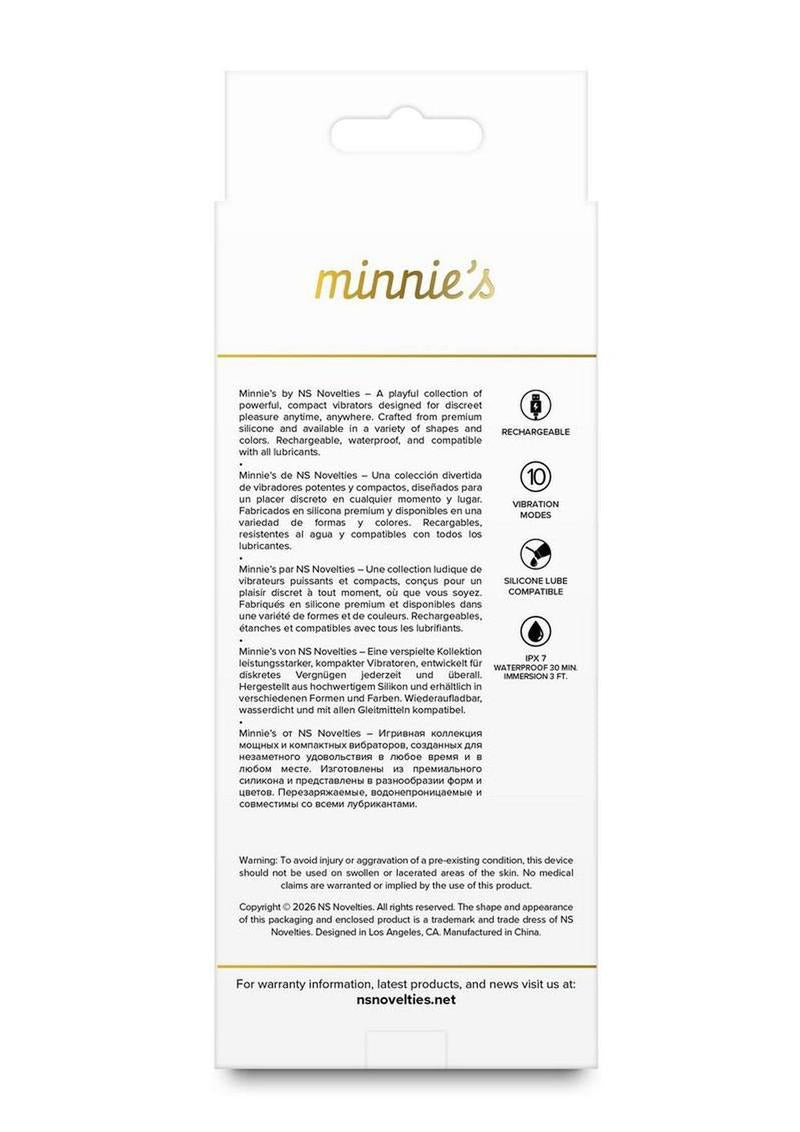 Packaging information for Minnie's Spark Rechargeable Silicone Flexible Bullet Purple, featuring details and warranty information.