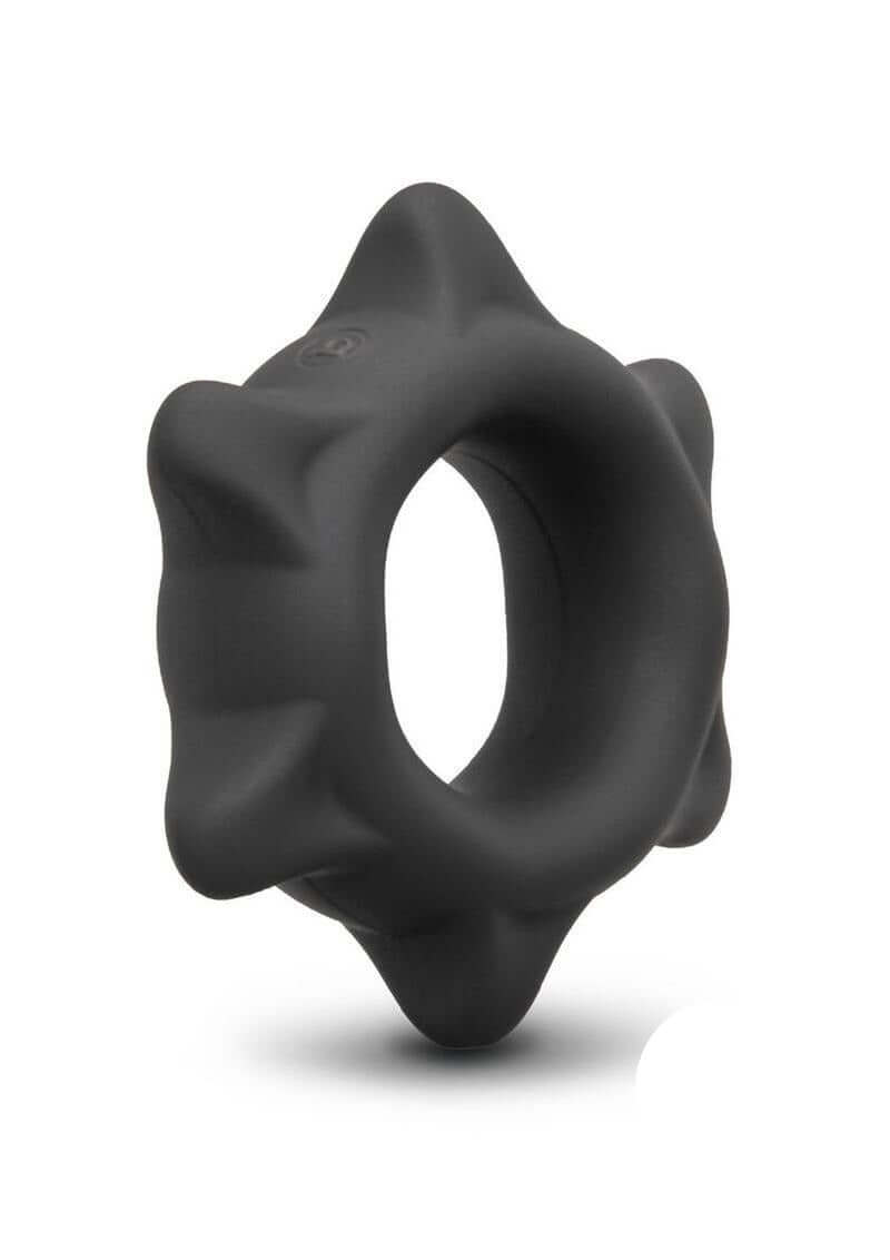 B-Vibe Flex Ring Spike Silicone Cock Ring Black on a white background, showcasing its unique design and texture.