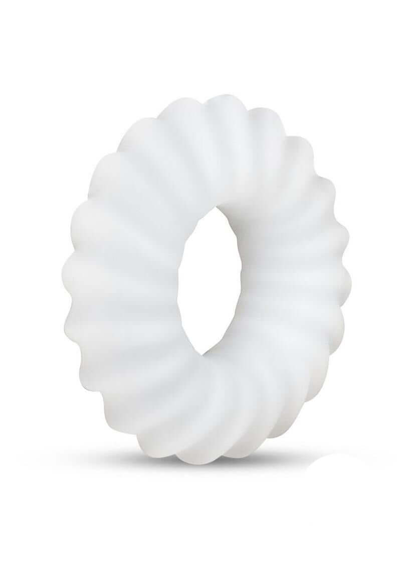 B-Vibe Flex Ring Ripple Silicone Cock Ring White displayed against a plain background, showcasing its textured design.