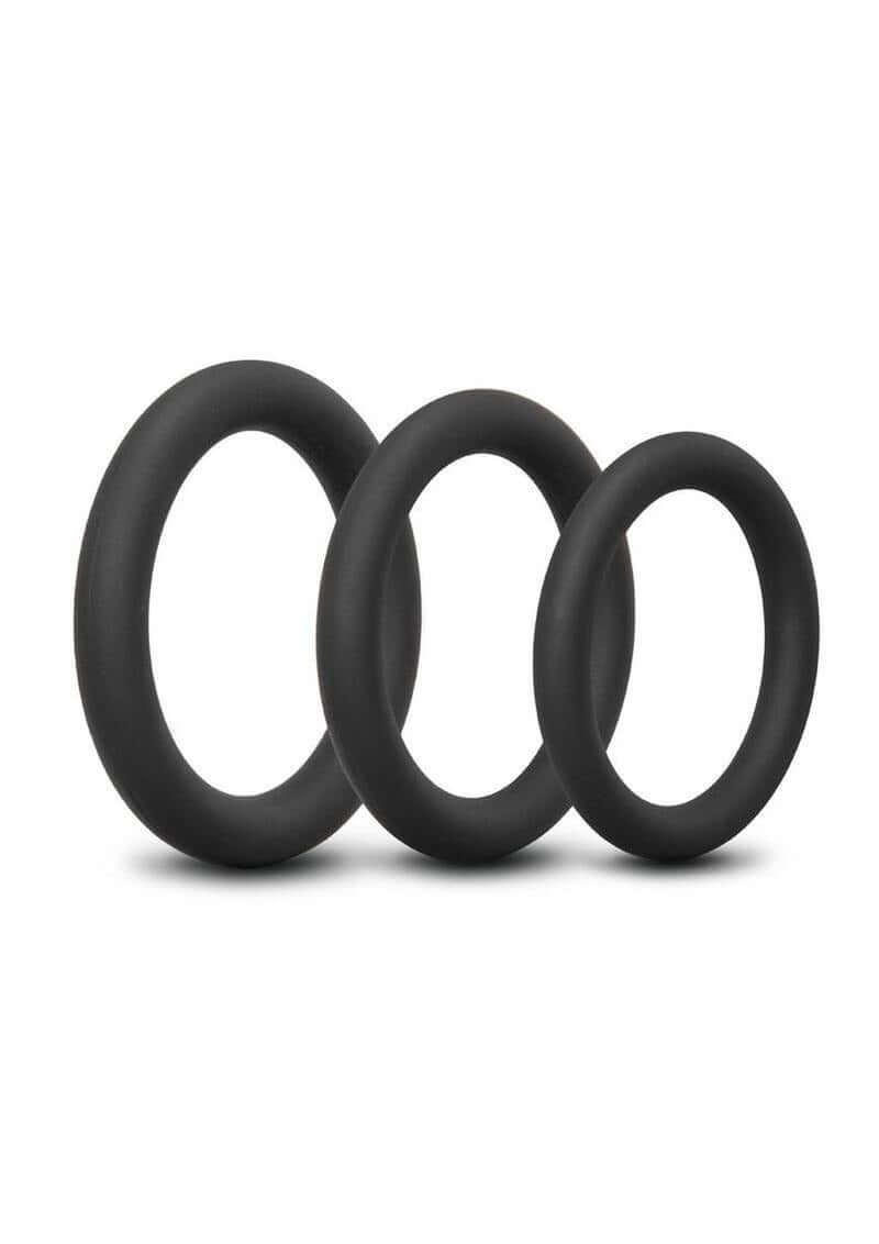 B-Vibe Snug Ring Lite Silicone Cock Ring 3 Pack Black showcasing three durable and comfortable black silicone rings.