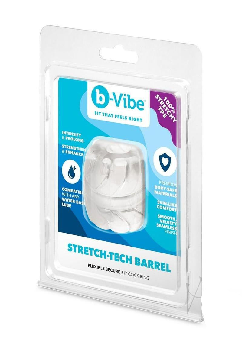 B-Vibe Stretch Tech Barrel Ultra Stretchy Cock Ring Clear packaging showcasing its features and benefits.