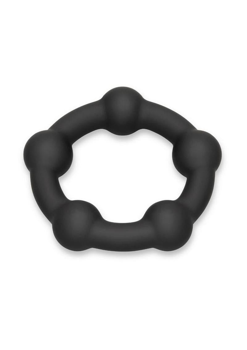 B-Vibe Snug Ring Orbit Nubby Silicone Cock Ring Black viewed from above, showcasing its unique design and texture.