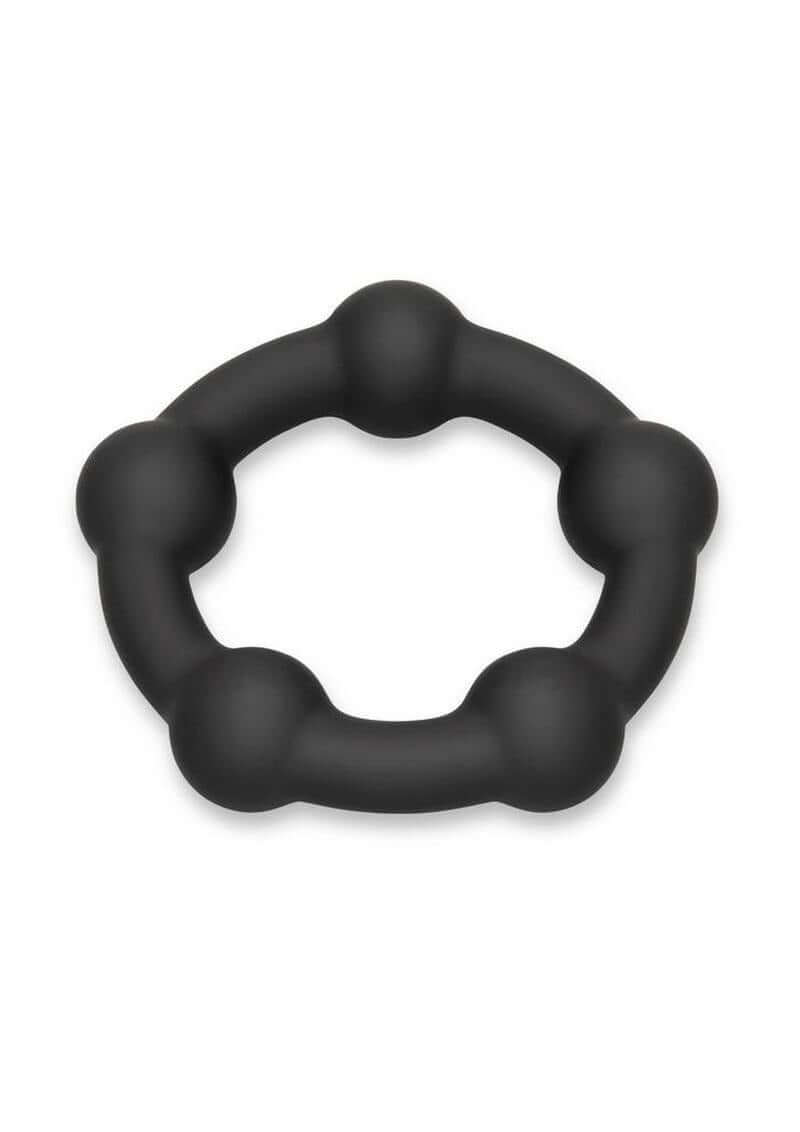 B-Vibe Snug Ring Orbit Nubby Silicone Cock Ring Black viewed from above, showcasing its unique design and texture.