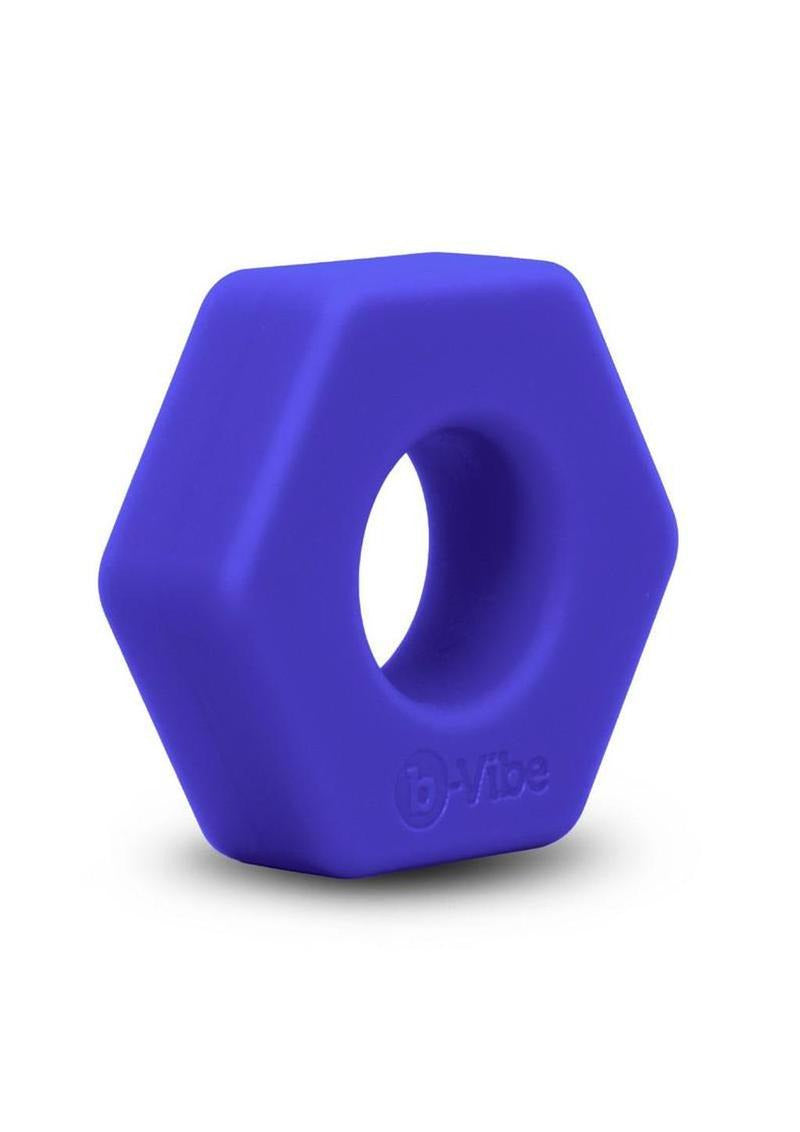 B-Vibe Flex Ring Hex Silicone Cock Ring Blue in a hexagonal design made of smooth silicone.