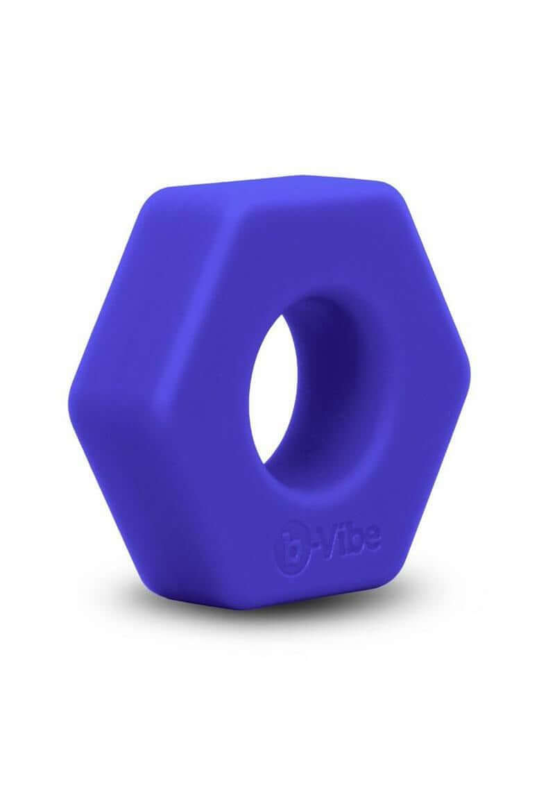 B-Vibe Flex Ring Hex Silicone Cock Ring Blue in a hexagonal design made of smooth silicone.