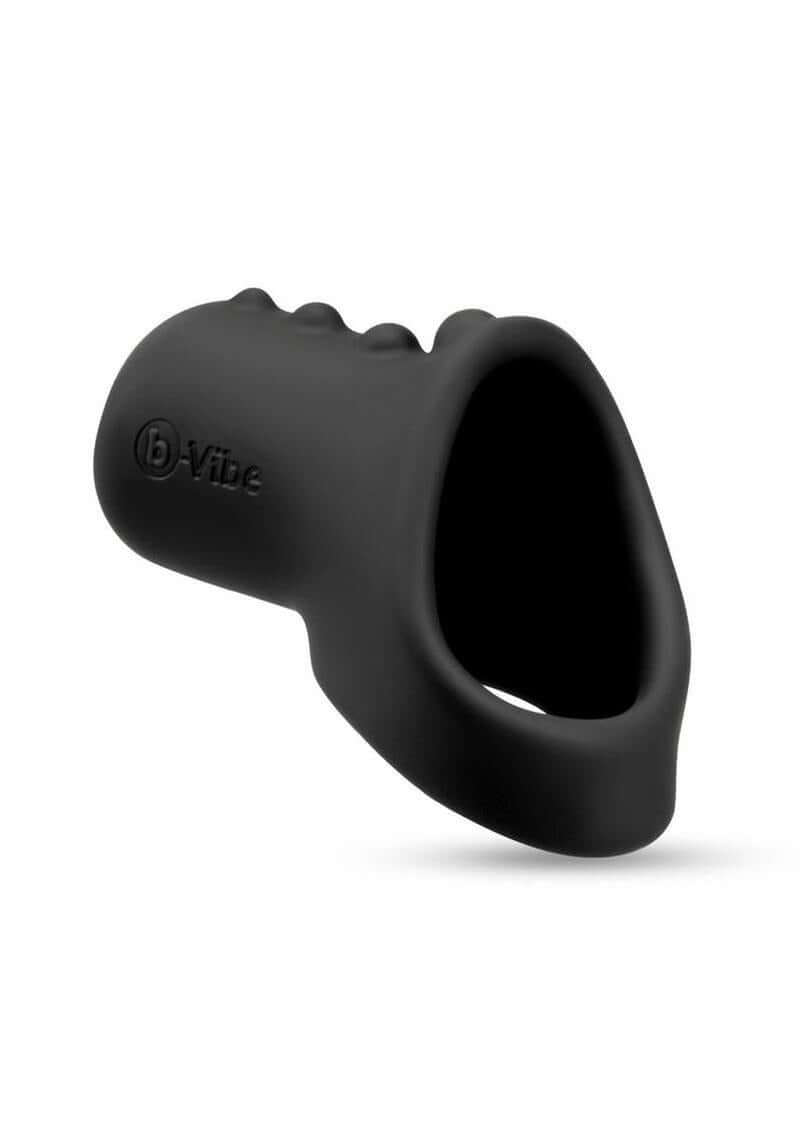 B-Vibe Flex Ring Shaft Silicone Cock Ring & Ball Stretcher Black showing smooth silicone design and flexible structure.