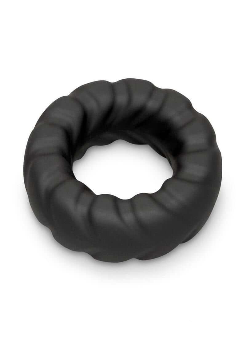 B-Vibe Flex Ring Tread Silicone Cock Ring Black on a white background showcasing its textured design.
