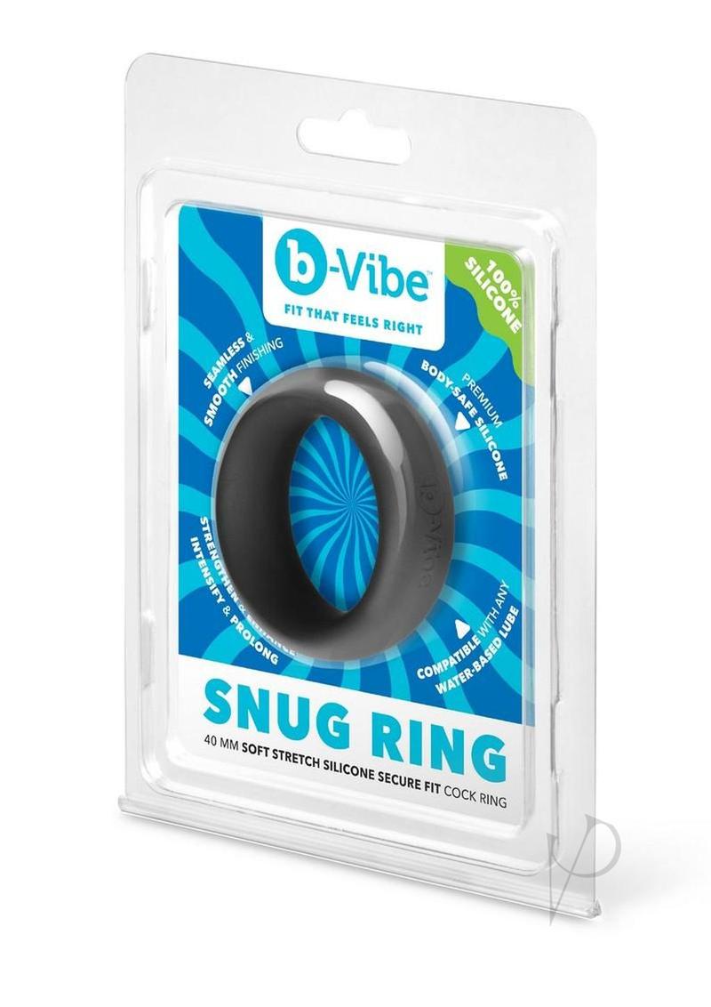B-Vibe Snug Ring Silicone Cock Ring 40 mm Black packaging with blue design and product details.