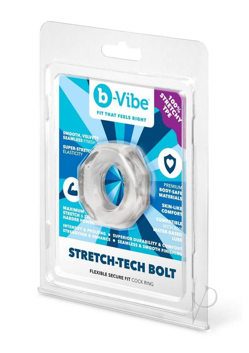 B-Vibe Stretch Tech Bolt Ultra Stretchy Cock Ring Clear package showcasing seamless design and superior comfort.