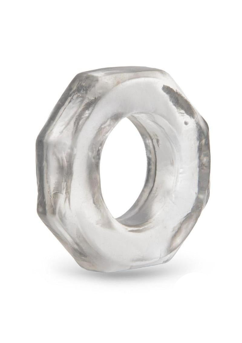 B-Vibe Stretch Tech Bolt Ultra Stretchy Cock Ring Clear displayed against a white background.