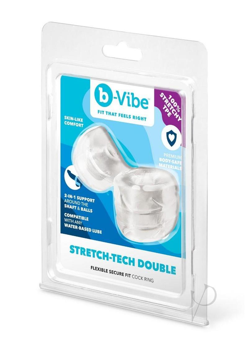 B-Vibe Stretch Tech Double Barrel Ultra Stretchy Cock Ring Clear packaging showing durable, skin-like comfort and stretch technology.