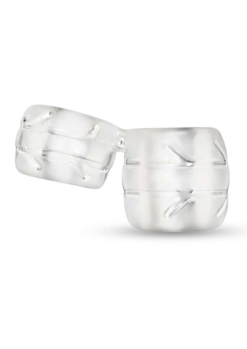 B-Vibe Stretch Tech Double Barrel Ultra Stretchy Cock Ring Clear showcasing its seamless and smooth design.