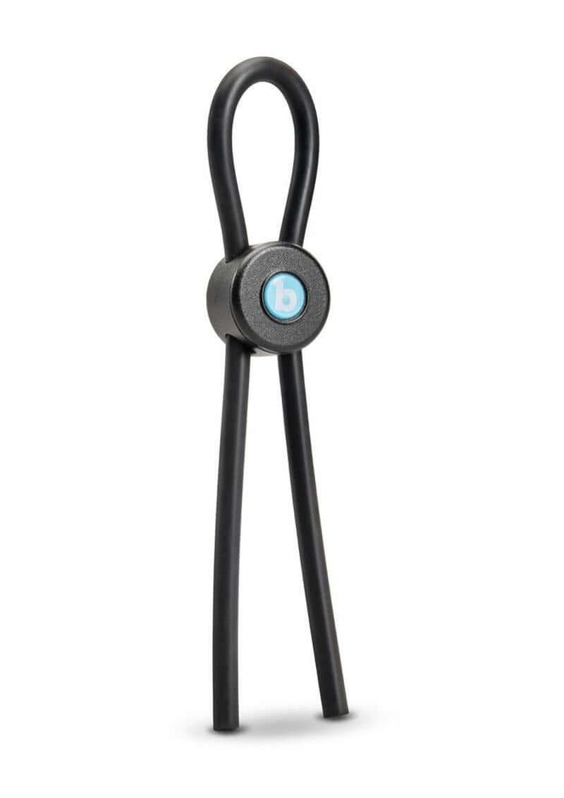 B-Vibe Lasso Grip Adjustable Silicone Cock Ring Black with seamless finish for comfort and durability.