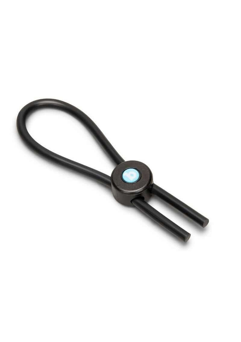 B-Vibe Lasso Grip Adjustable Silicone Cock Ring Black, showcasing its sleek design and adjustable features.