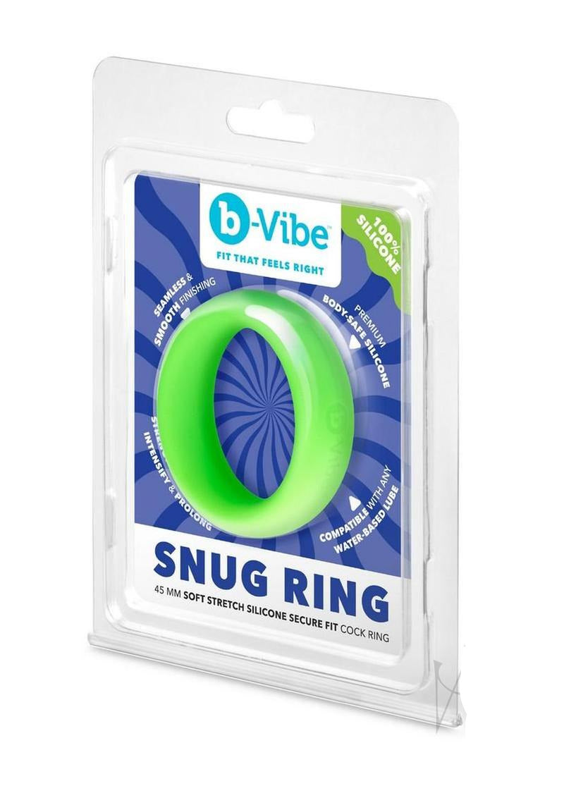 B-Vibe Snug Ring Silicone Cock Ring 45 mm Green in packaging showcasing its smooth finish and soft silicone material.