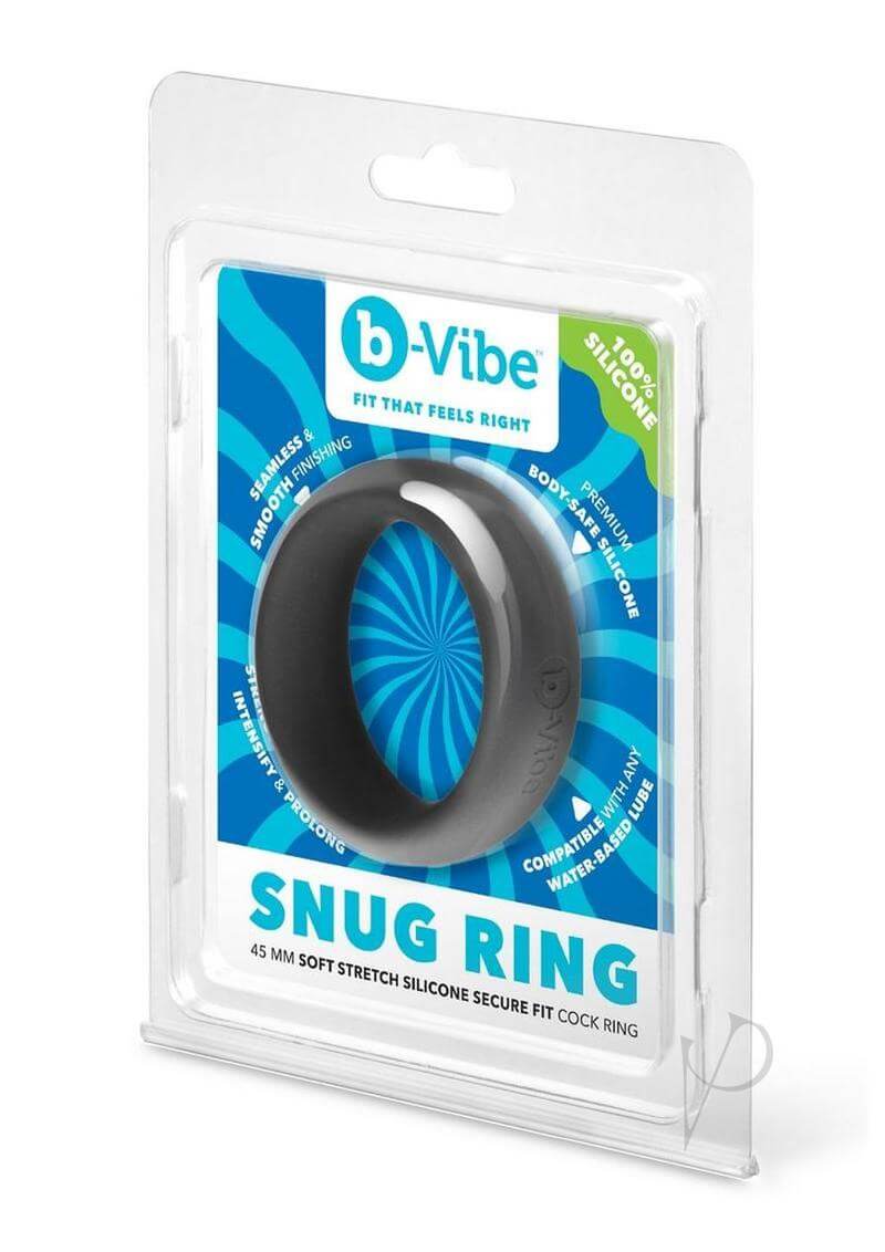 B-Vibe Snug Ring Silicone Cock Ring 45 mm Black packaging showcasing its soft stretch design.