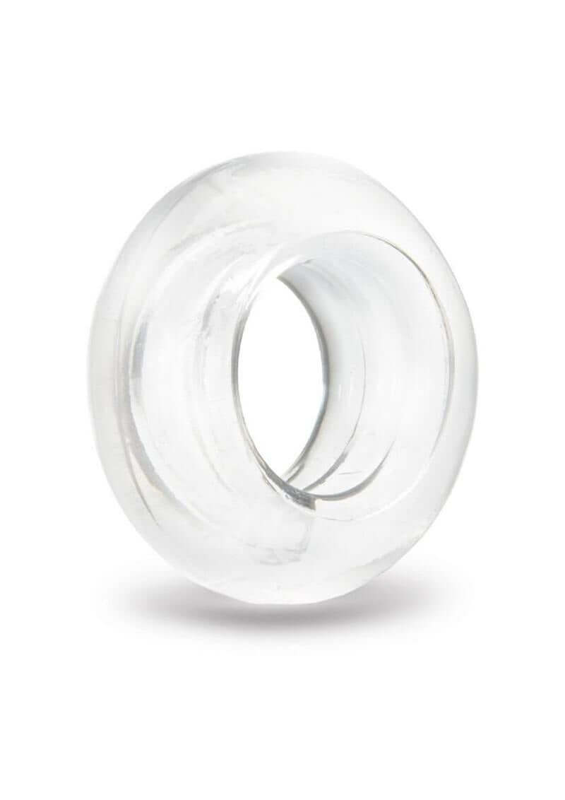 B-Vibe Stretch Tech Choke Cock Ring Clear showcasing its seamless, smooth finish for enhanced comfort.