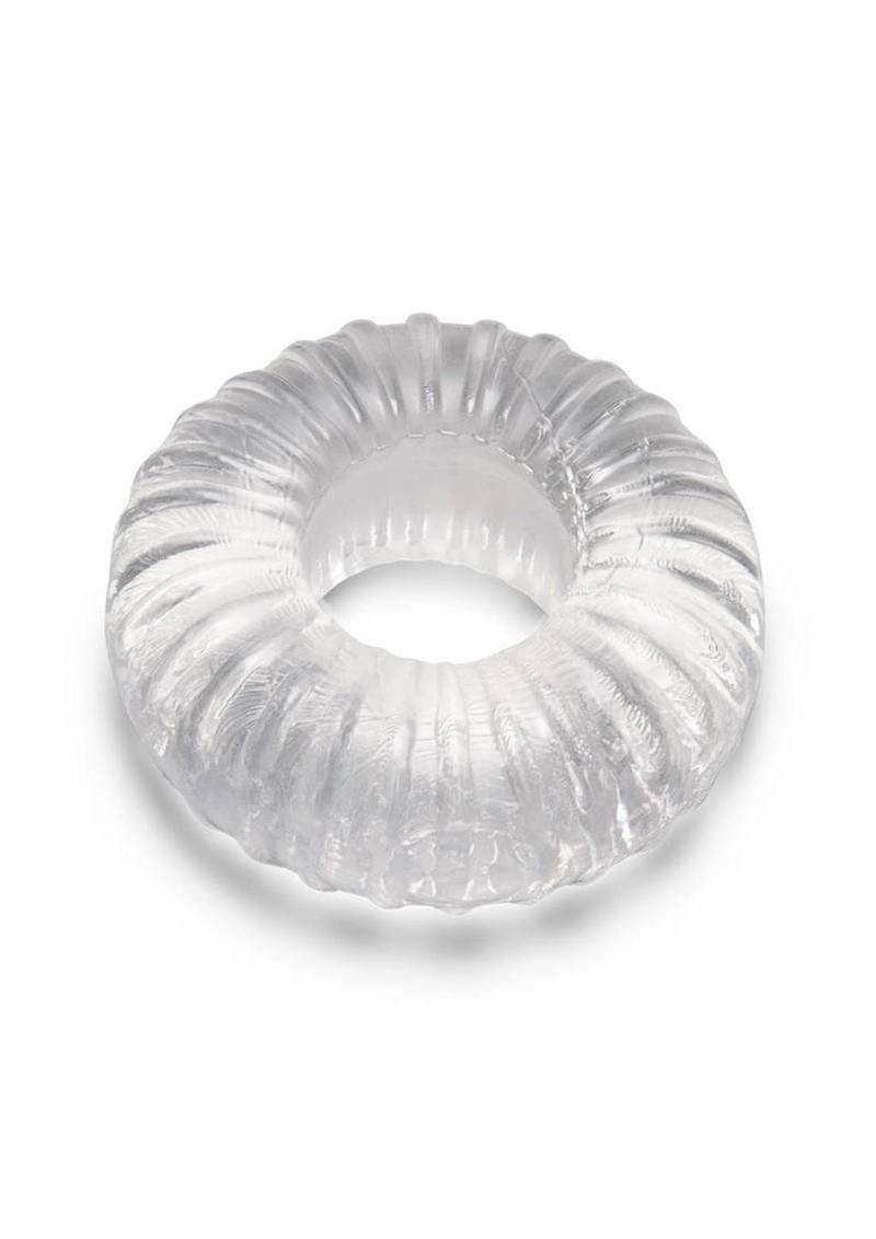 B-Vibe Stretch Tech Swirl Ultra Stretchy Cock Ring Clear showcasing a seamless, durable design for enhanced comfort.