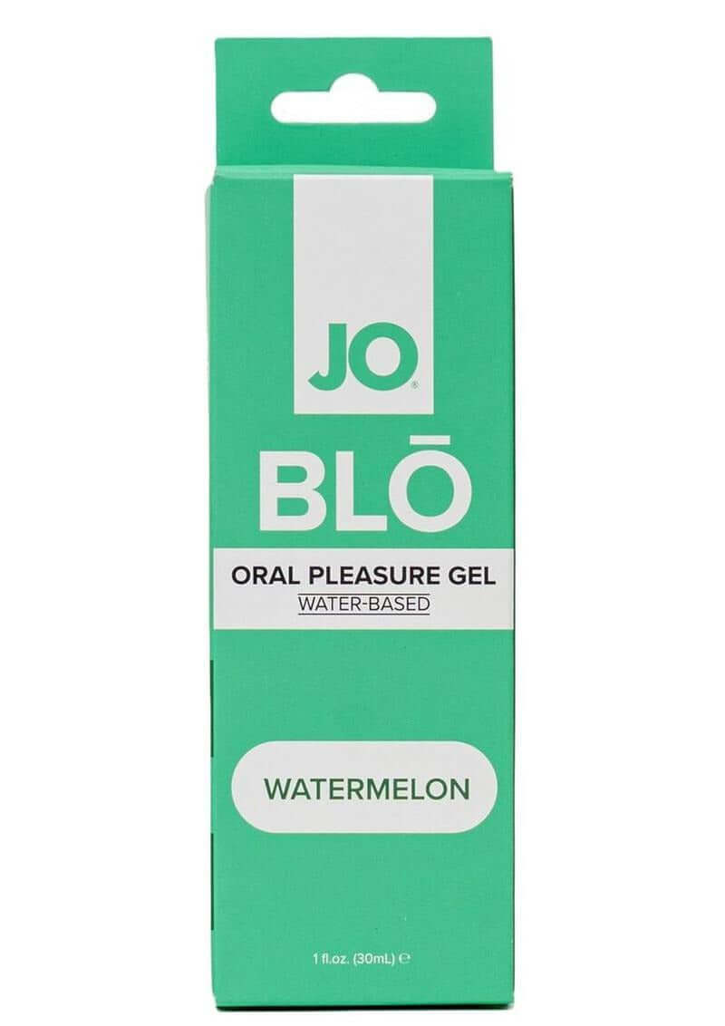 JO Blo Oral Pleasure Gel Watermelon 1 Oz packaging, featuring a green box with watermelon flavor details.
