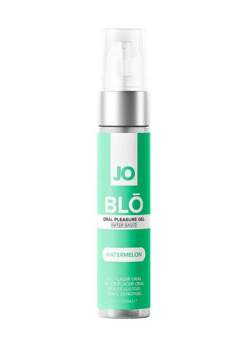 JO Blo Oral Pleasure Gel Watermelon 1 Oz bottle with a green and white design for intimate enjoyment.