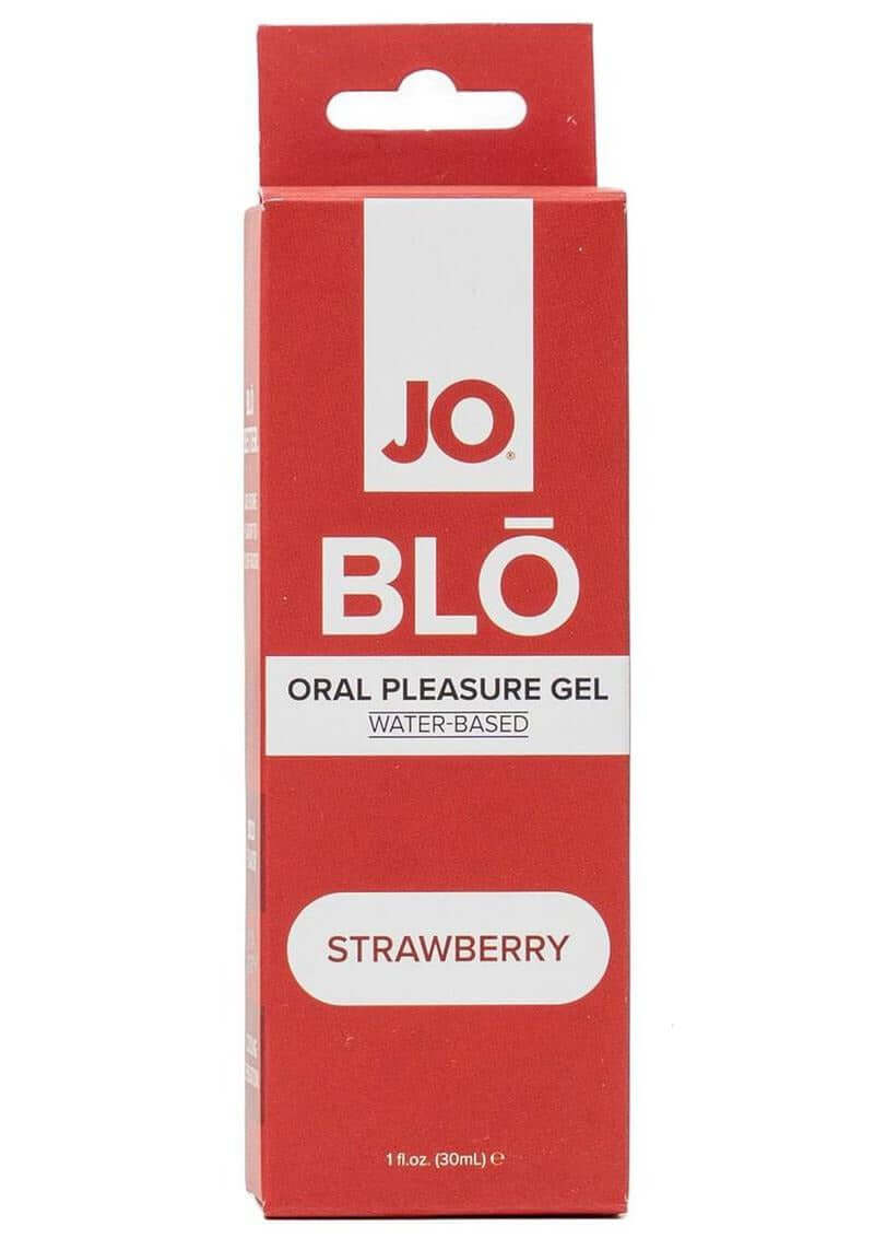 JO Blo Oral Pleasure Gel Strawberry 1 Oz product packaging, water-based formula for enhanced pleasure.