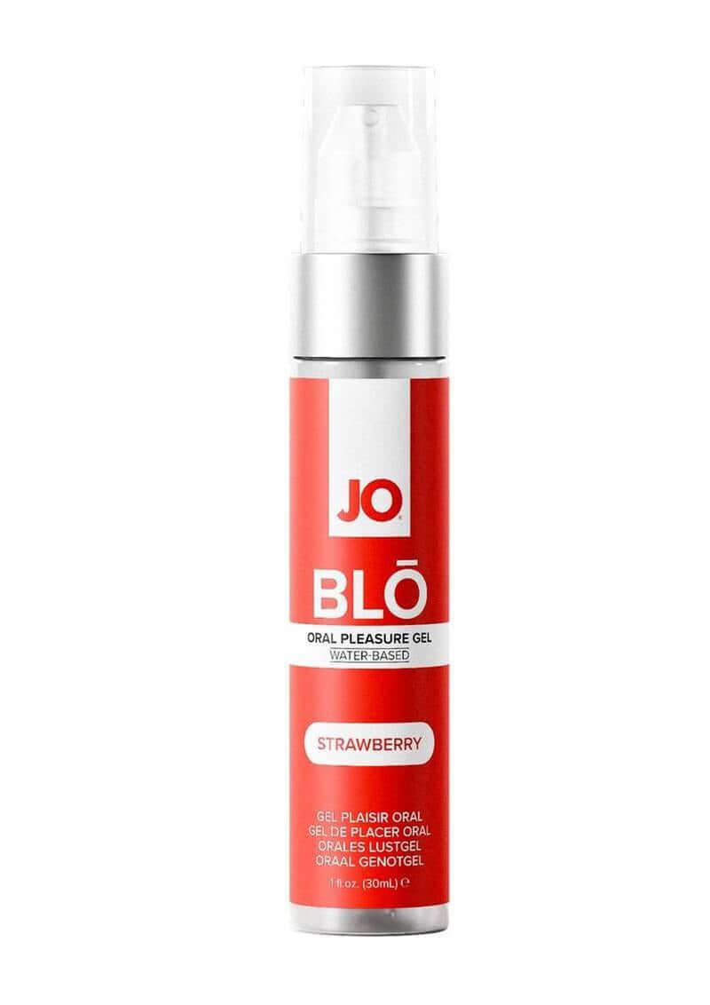 JO Blo Oral Pleasure Gel Strawberry 1 Oz packaging featuring a sleek design and strawberry flavor.