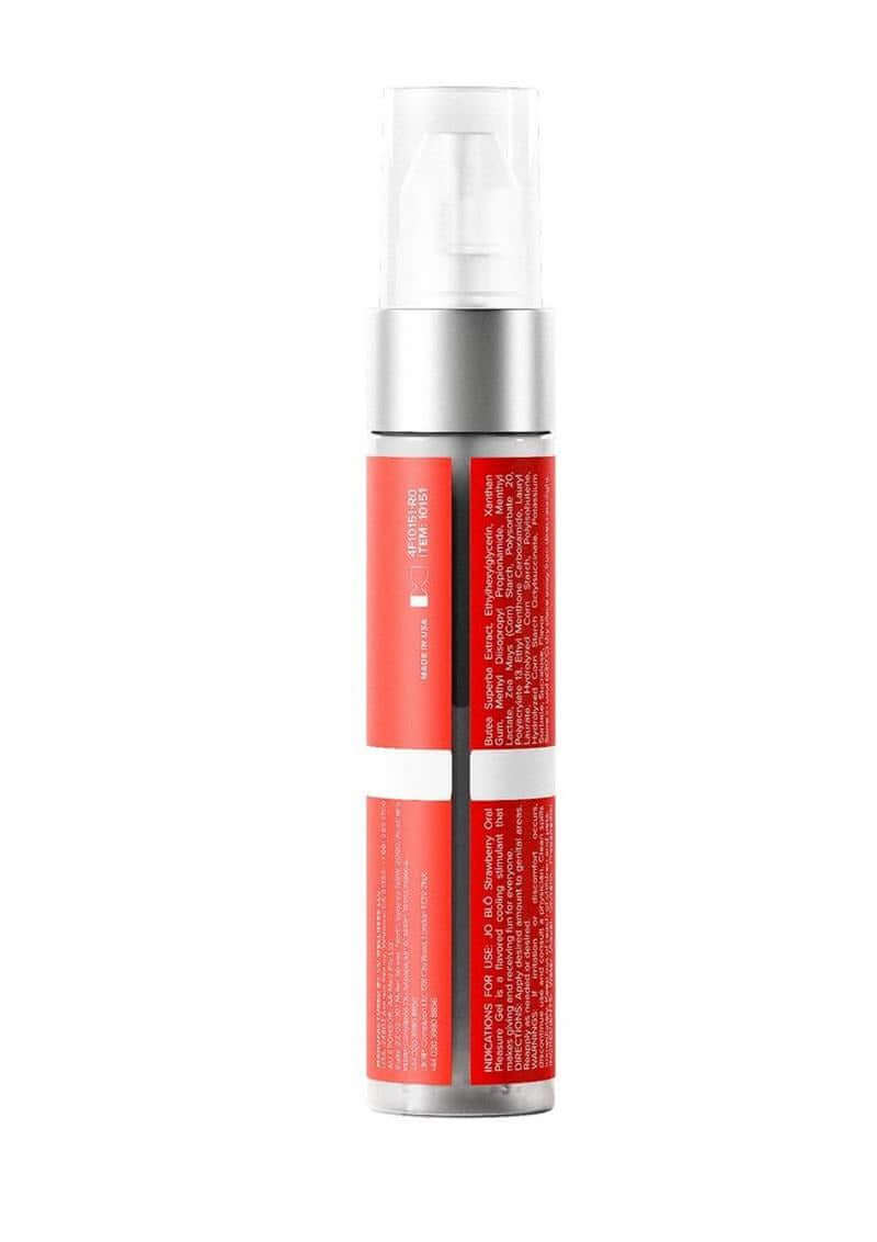 JO Blo Oral Pleasure Gel Strawberry 1 Oz in a pump bottle with red packaging for intimacy enhancement.