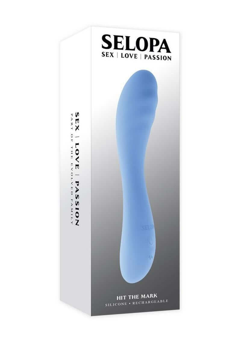 Selopa Hit The Mark Rechargeable Curved Vibrator Blue packaging displaying sleek design and brand name.